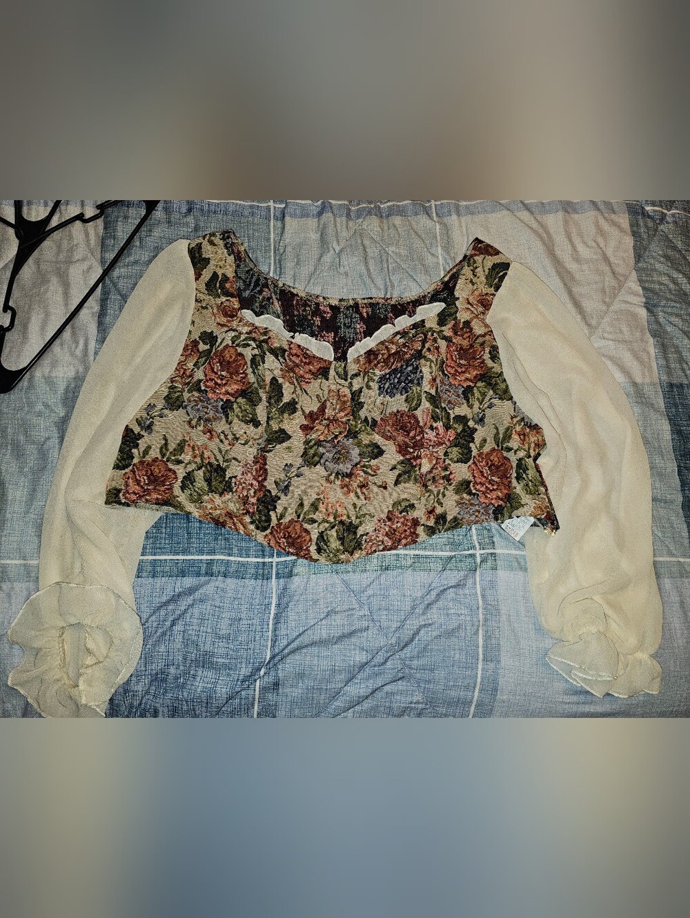 Floral Cropped Blouse with Sheer Cream Sleeves